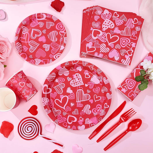 Caltero 168 PCS Valentine Day Paper Plates and Napkins,Heart Disposable Plates and Napkins for Valentine Day Holiday Party Supplies, Includes Plates Napkins Cups Knife Fork Spoon