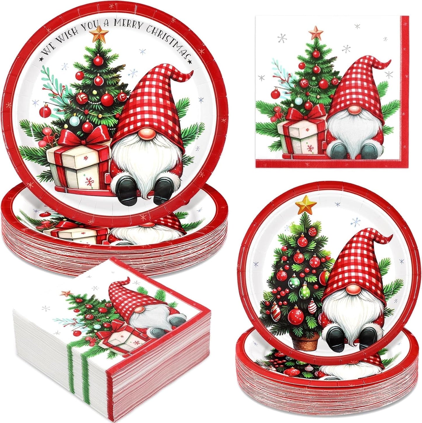 DAZLUTE 200 PCS Xmas Christmas Paper Plates and Napkins Serves 50 Guests, Christmas Snowman Disposable Dinnerware Set for Christmas Party Supplies