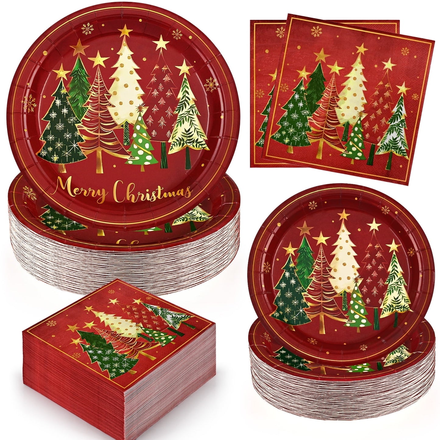 DAZLUTE 200 PCS Christmas Paper Plates and Napkins Merry Christmas Themed Christmas Party Supplies Golden Snowman Disposable Dinnerware Set for Dinner Party