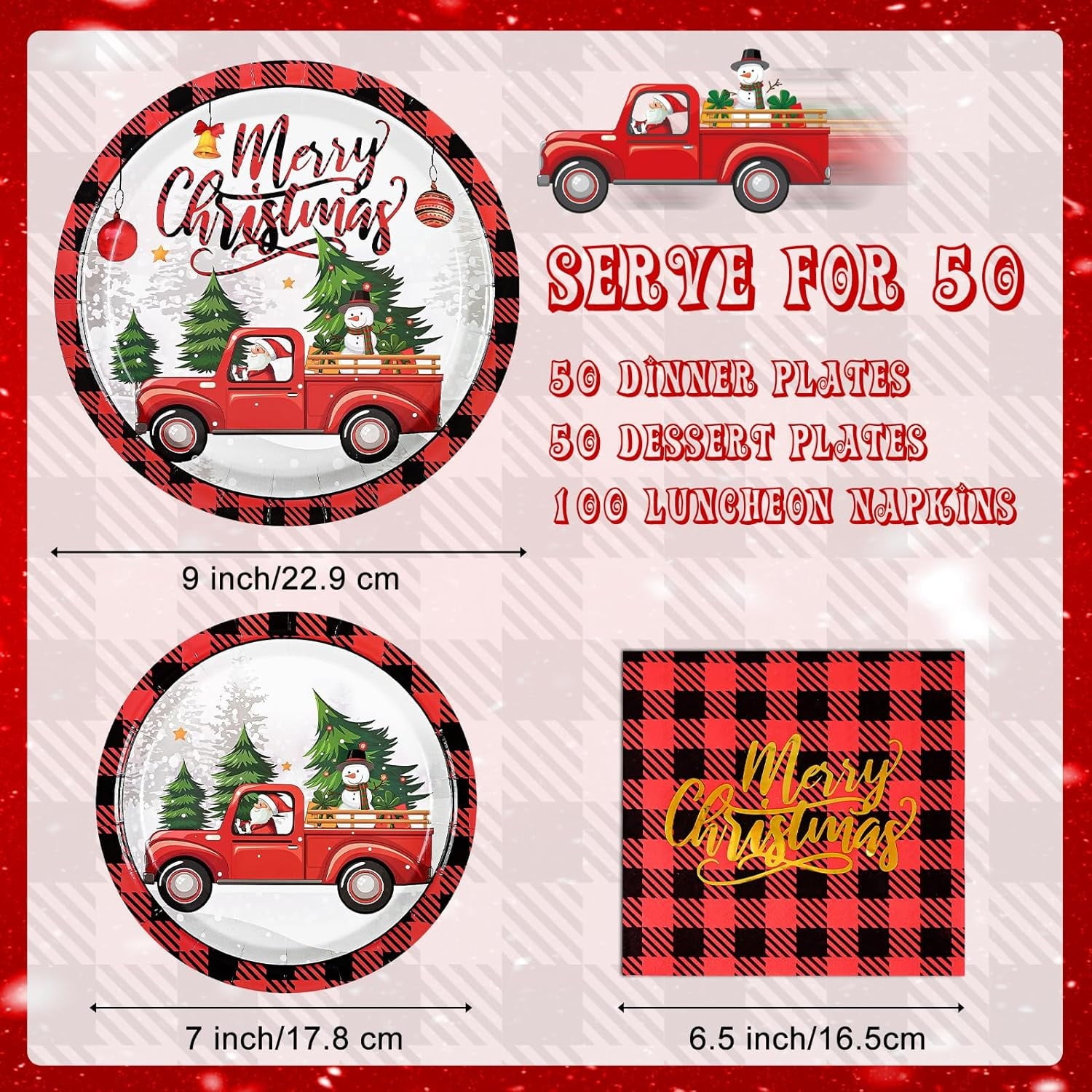 Caltero 200 PCS Christmas Plates and Napkins Serves 50 Guests, Cartoon Red Truck Christmas Tree Disposable Dinnerware Set for Winter Holiday Christmas Party Supplies