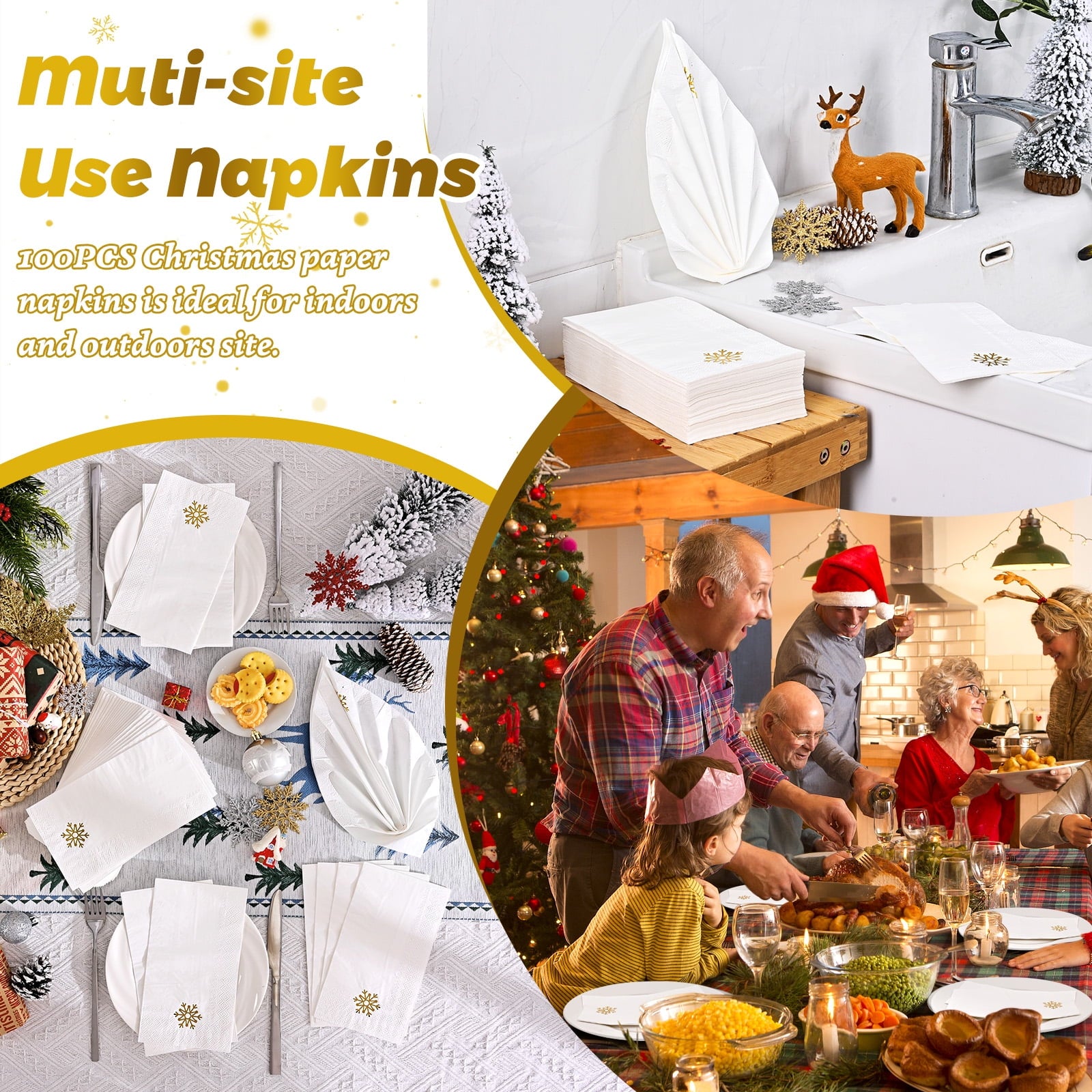 DAZLUTE 100 PCS Christmas Paper Napkins 3 Ply Gold Foil Snowflake Napkins, Merry Christmas Guest Napkins Disposable for Dinner Party