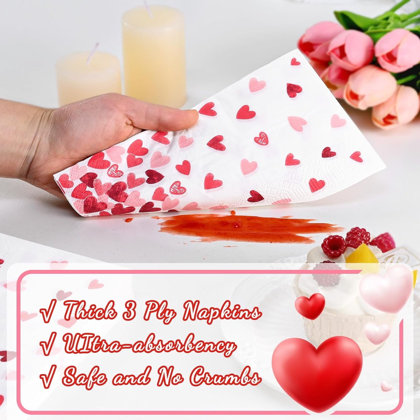 Caltero 100 PCS Valentine Day Paper Napkins, 3 Ply Pink Red Love Hearts Party Dinner Napkins, Valentine Disposable Guest Towels for Valentine’s Day Party Supplies