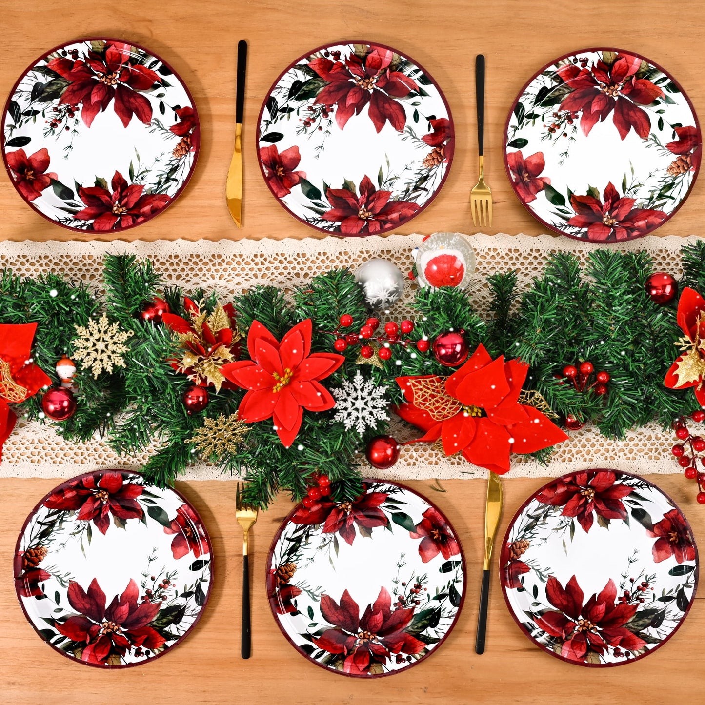 Caltero Christmas Paper Plates and Napkins Serves 50 Guests Poinsettia Themed Christmas Party Supplies 200 PCS Red Disposable Dinnerware Set for Dinner Party