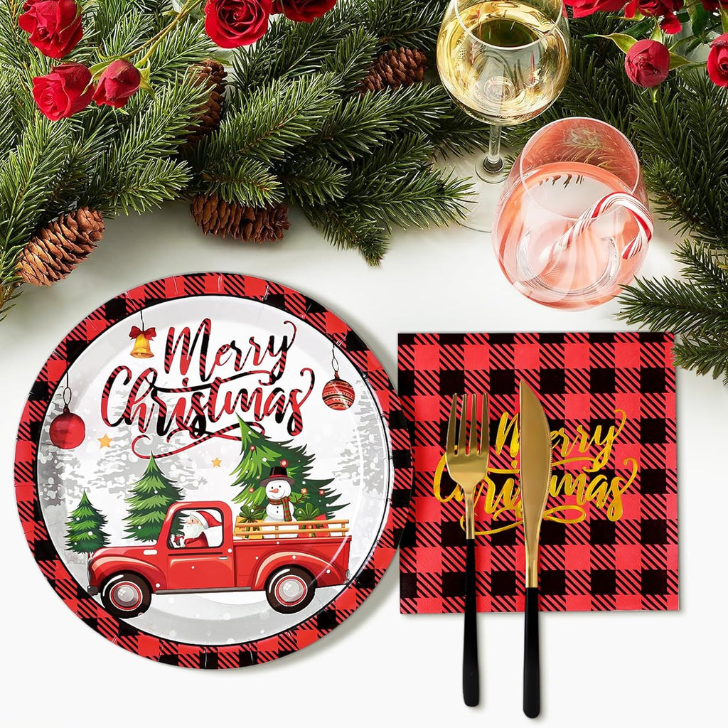 Caltero 200 PCS Christmas Plates and Napkins Serves 50 Guests, Cartoon Red Truck Christmas Tree Disposable Dinnerware Set for Winter Holiday Christmas Party Supplies