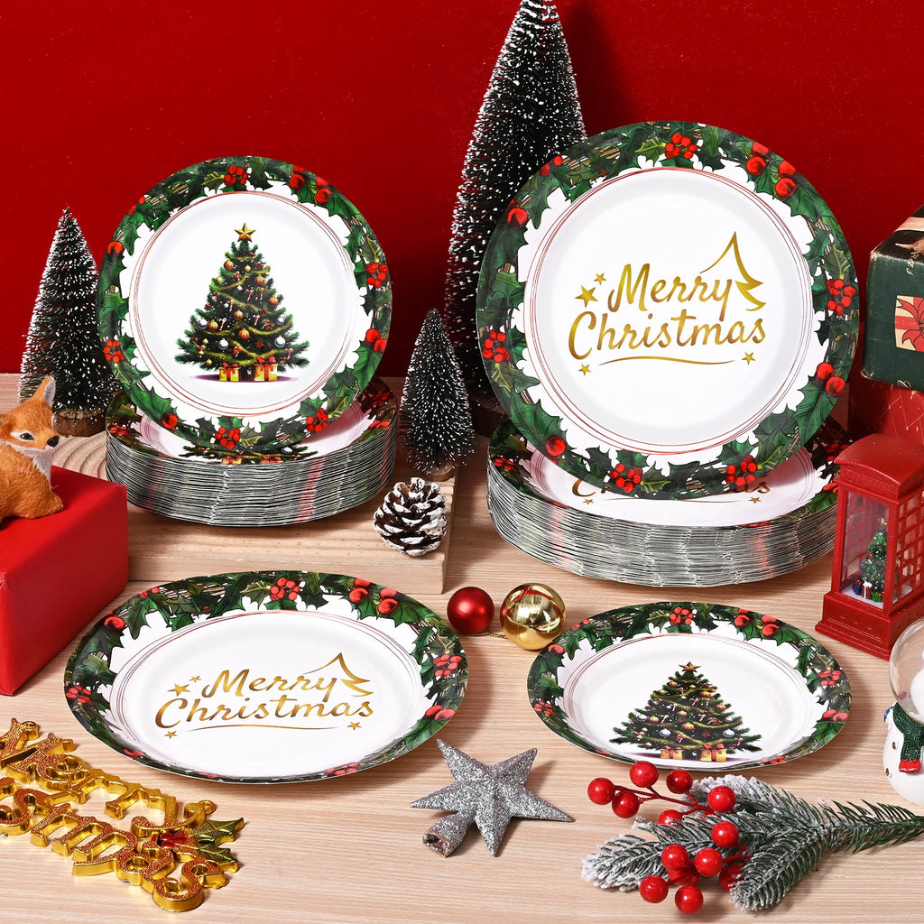 DAZLUTE 100 PCS Christmas Disposable Paper Plates, Berry Christmas Trees Merry Christmas Dessert Plate for Winter Xmas Decoration Party Supplies