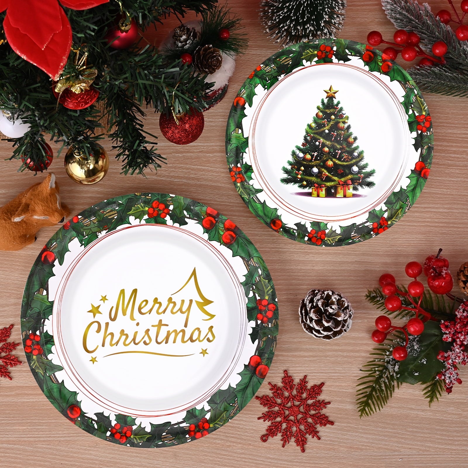 DAZLUTE 100 PCS Christmas Disposable Paper Plates, Berry Christmas Trees Merry Christmas Dessert Plate for Winter Xmas Decoration Party Supplies