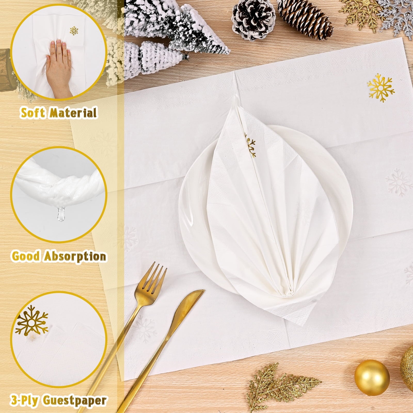 DAZLUTE 100 PCS Christmas Paper Napkins 3 Ply Gold Foil Snowflake Napkins, Merry Christmas Guest Napkins Disposable for Dinner Party