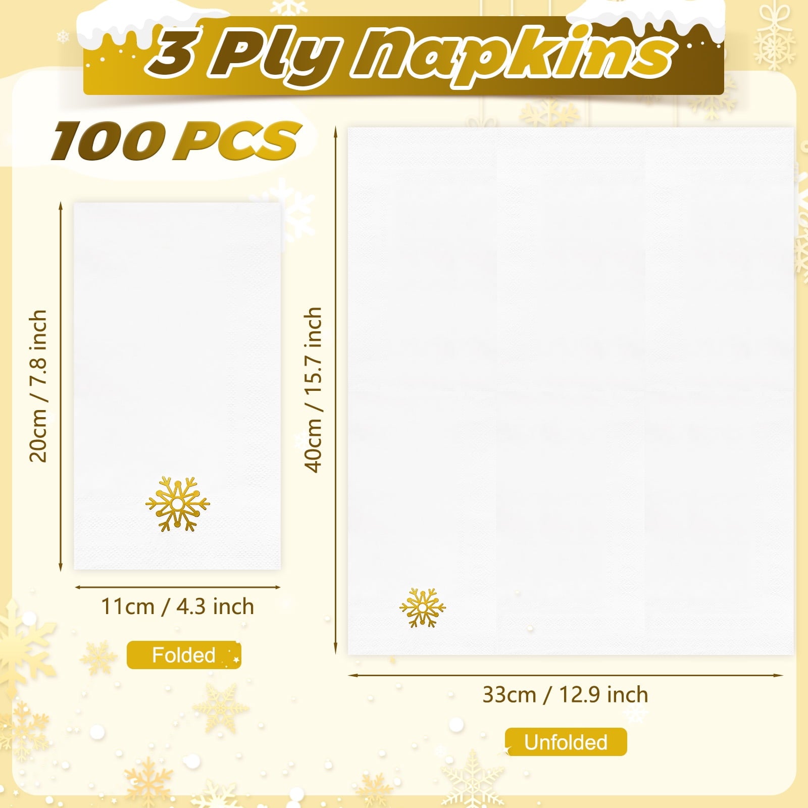 DAZLUTE 100 PCS Christmas Paper Napkins 3 Ply Gold Foil Snowflake Napkins, Merry Christmas Guest Napkins Disposable for Dinner Party