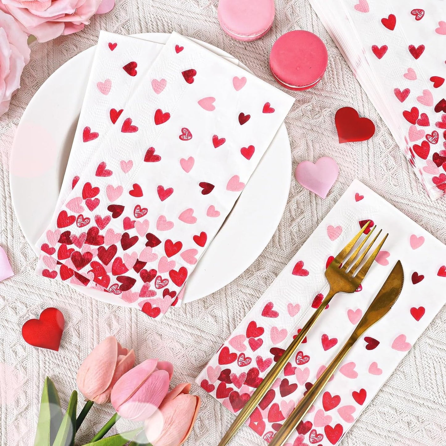 Caltero 100 PCS Valentine Day Paper Napkins, 3 Ply Pink Red Love Hearts Party Dinner Napkins, Valentine Disposable Guest Towels for Valentine’s Day Party Supplies