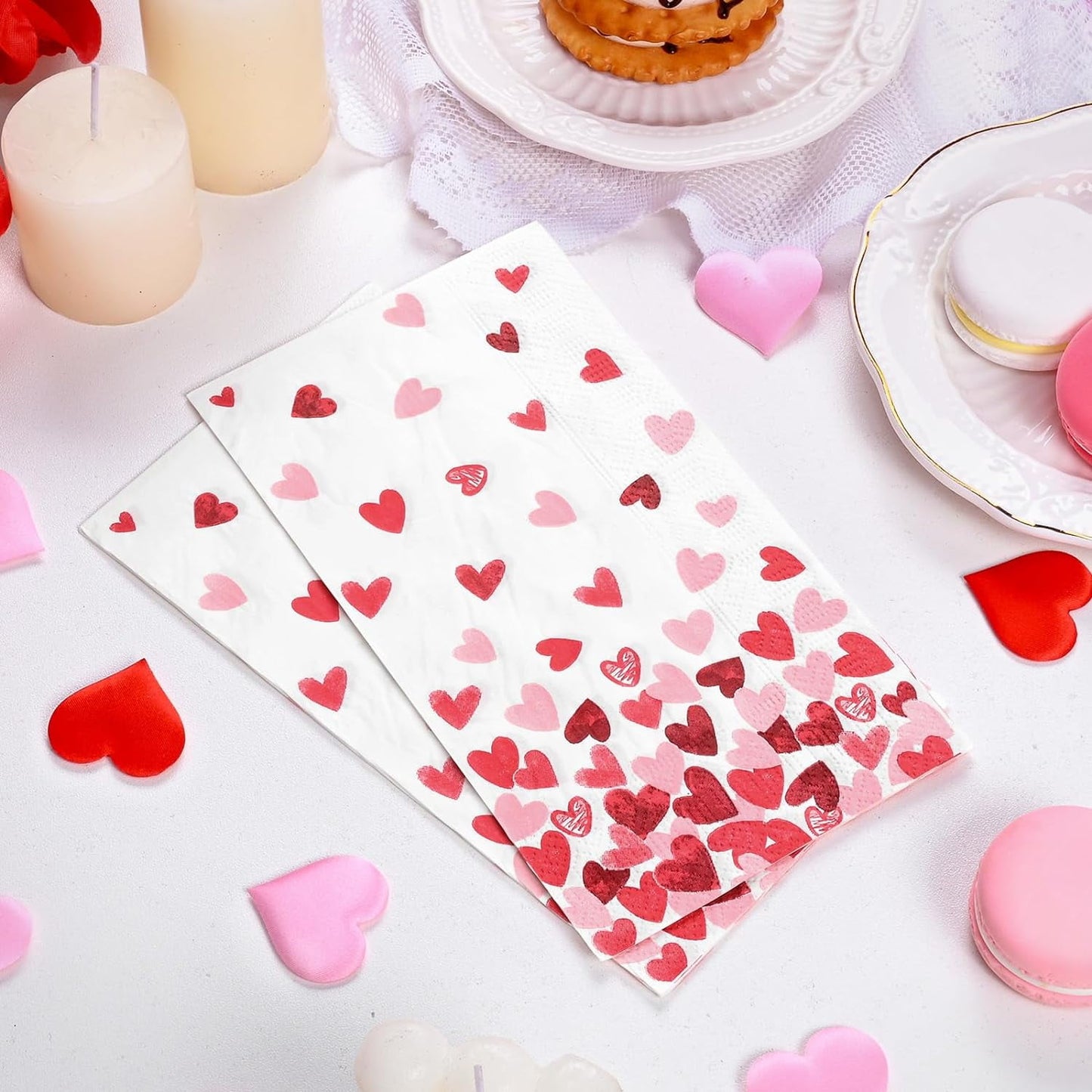 Caltero 100 PCS Valentine Day Paper Napkins, 3 Ply Pink Red Love Hearts Party Dinner Napkins, Valentine Disposable Guest Towels for Valentine’s Day Party Supplies