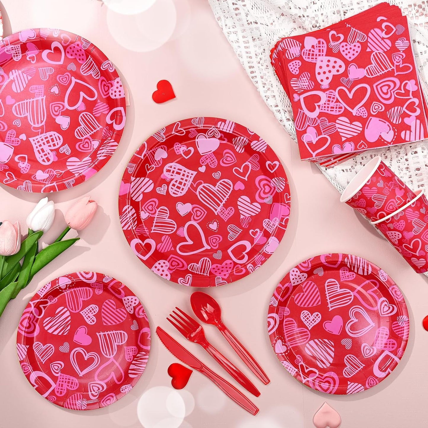 Caltero 168 PCS Valentine Day Paper Plates and Napkins,Heart Disposable Plates and Napkins for Valentine Day Holiday Party Supplies, Includes Plates Napkins Cups Knife Fork Spoon