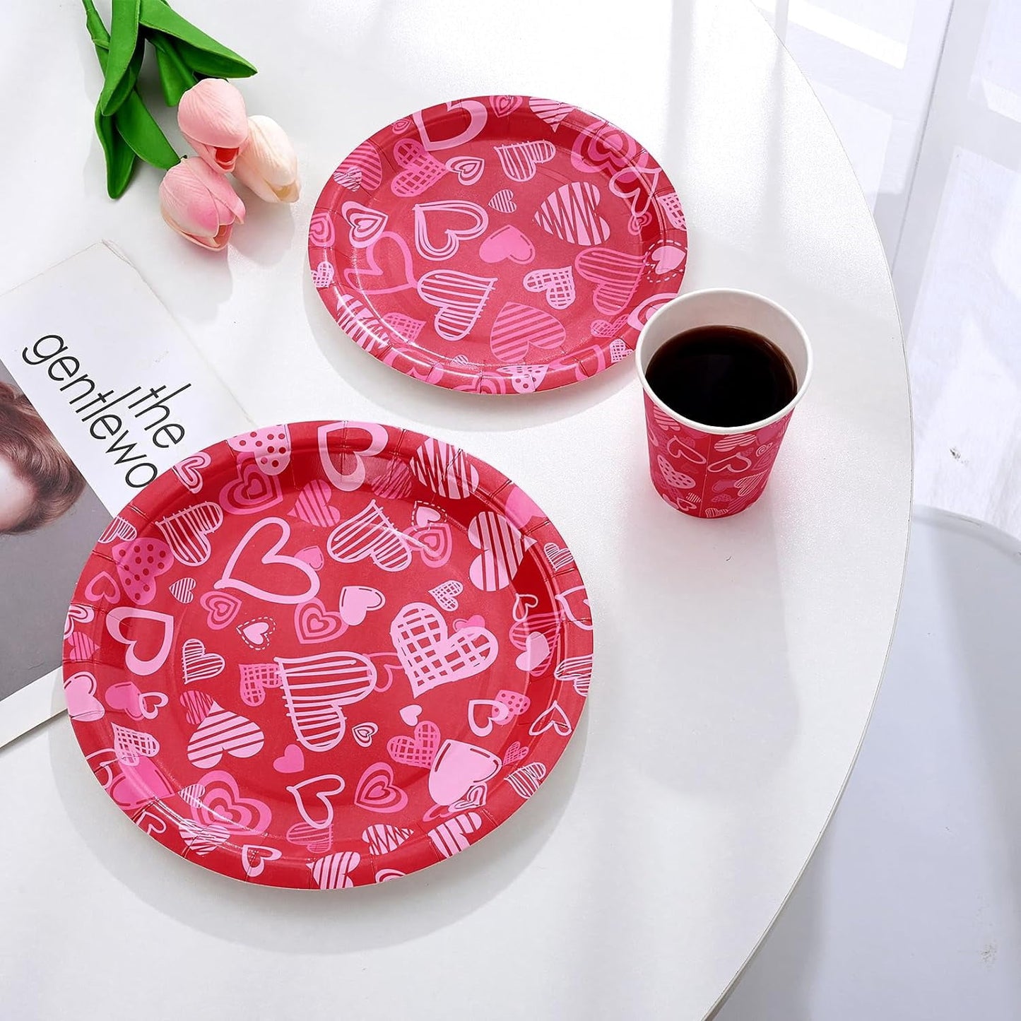 Caltero 168 PCS Valentine Day Paper Plates and Napkins,Heart Disposable Plates and Napkins for Valentine Day Holiday Party Supplies, Includes Plates Napkins Cups Knife Fork Spoon