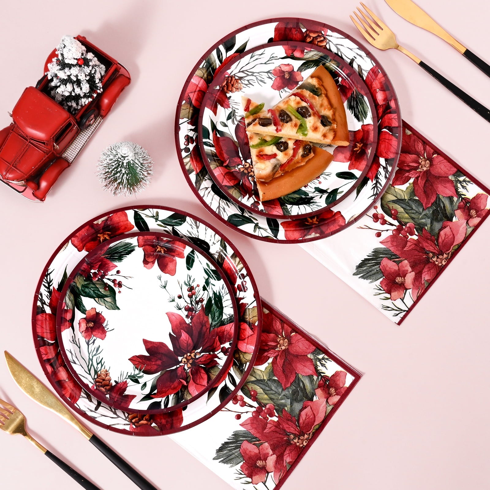 Caltero Christmas Paper Plates and Napkins Serves 50 Guests Poinsettia Themed Christmas Party Supplies 200 PCS Red Disposable Dinnerware Set for Dinner Party