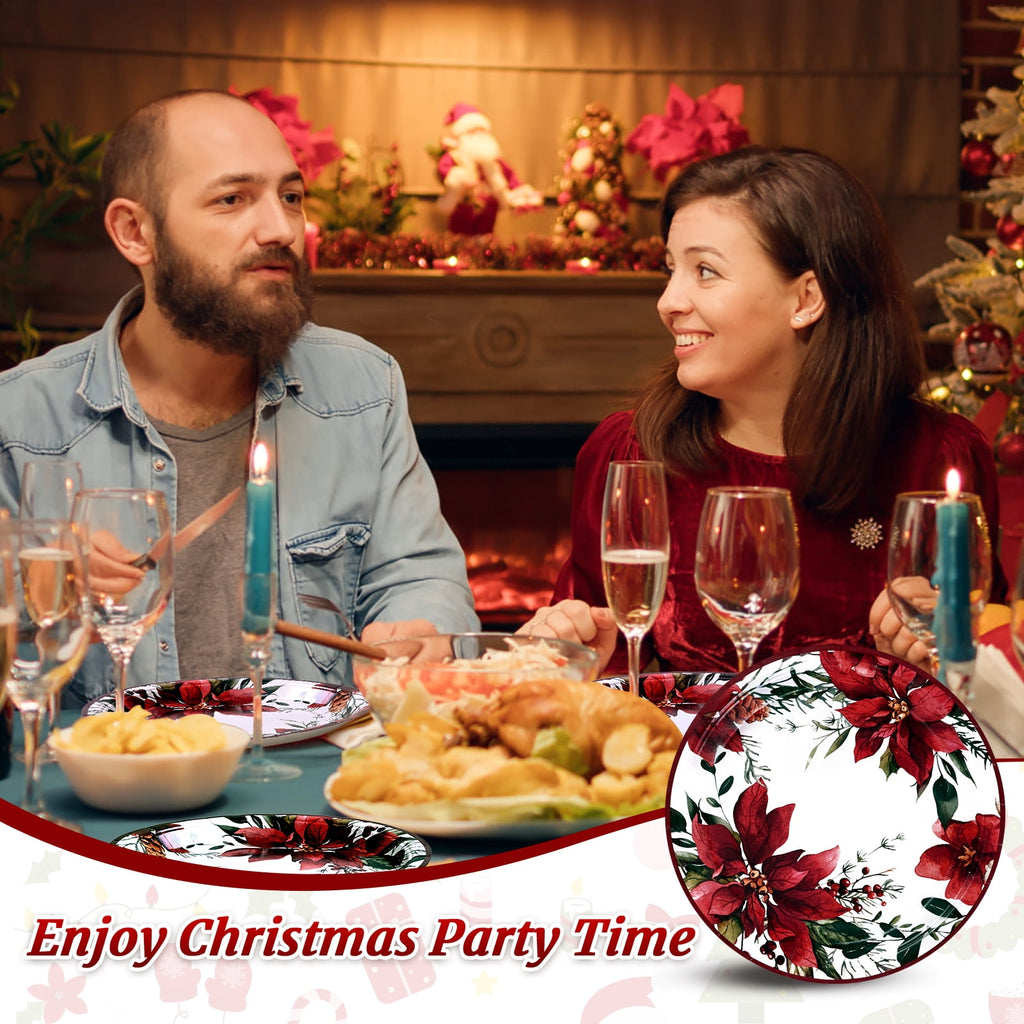 Caltero Christmas Paper Plates and Napkins Serves 50 Guests Poinsettia Themed Christmas Party Supplies 200 PCS Red Disposable Dinnerware Set for Dinner Party