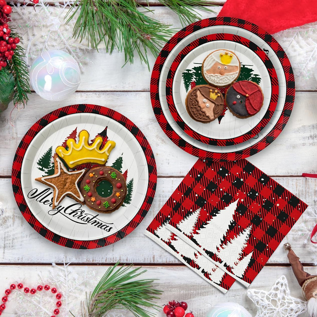Caltero 200 PCS Christmas Plates and Napkins Serves 50 Guests, Disposable Paper Plates and Napkins for Winter Christmas Holiday Party