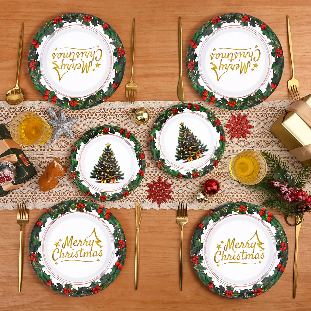 DAZLUTE 100 PCS Christmas Disposable Paper Plates, Berry Christmas Trees Merry Christmas Dessert Plate for Winter Xmas Decoration Party Supplies