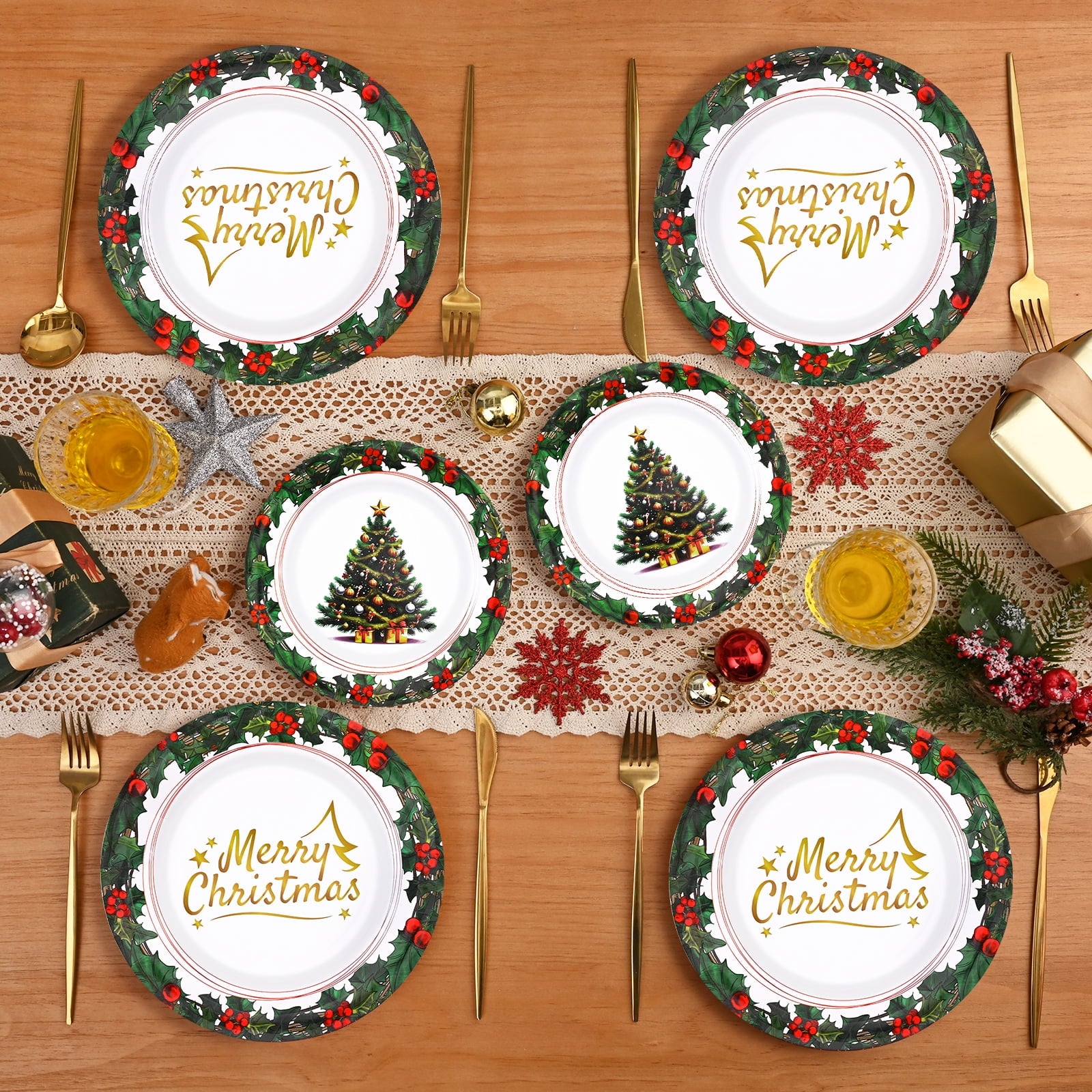 DAZLUTE 100 PCS Christmas Disposable Paper Plates, Berry Christmas Trees Merry Christmas Dessert Plate for Winter Xmas Decoration Party Supplies