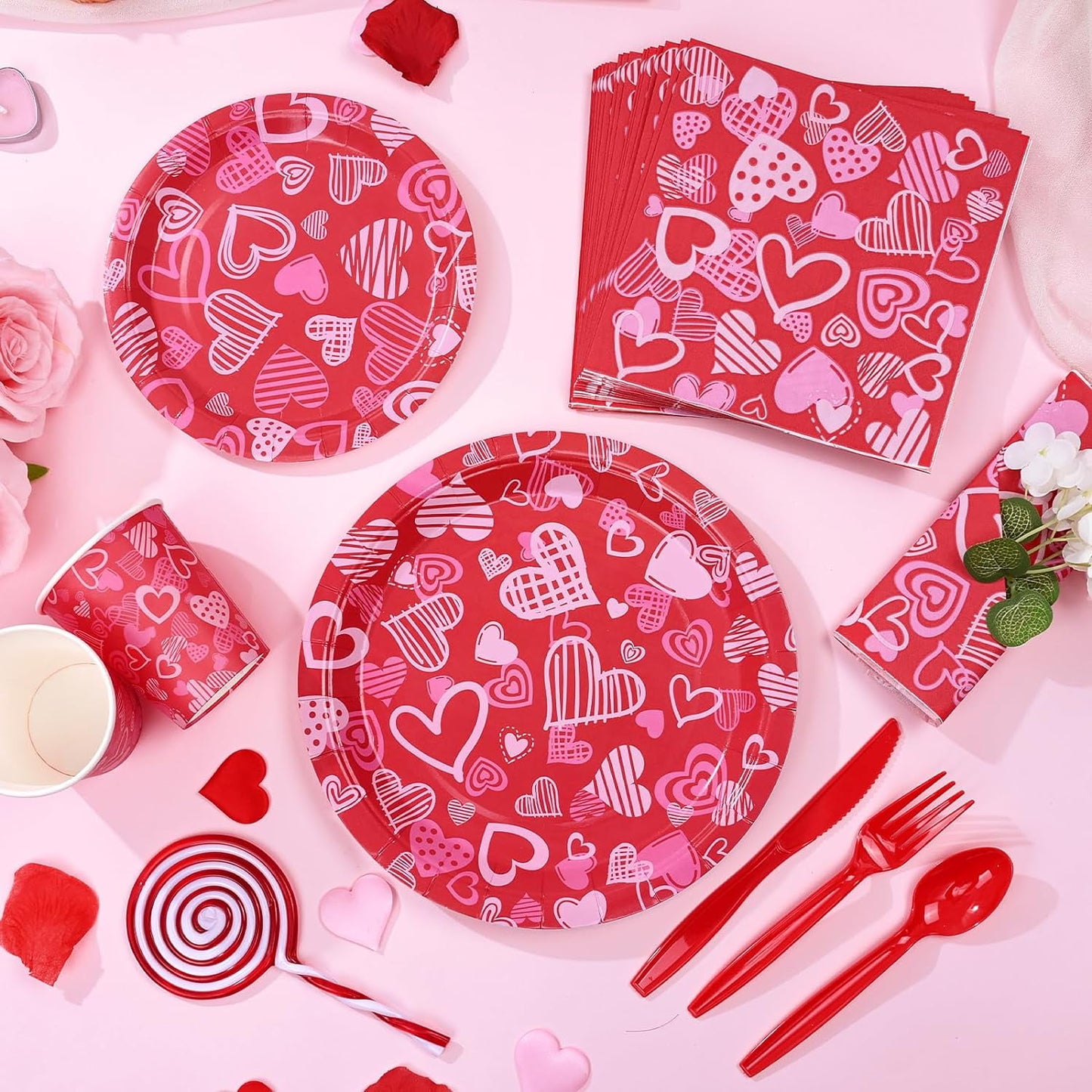 Caltero 168 PCS Valentine Day Paper Plates and Napkins,Heart Disposable Plates and Napkins for Valentine Day Holiday Party Supplies, Includes Plates Napkins Cups Knife Fork Spoon