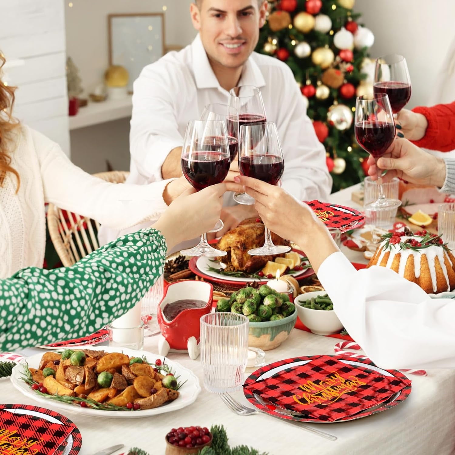 Caltero 200 PCS Christmas Plates and Napkins Serves 50 Guests, Cartoon Red Truck Christmas Tree Disposable Dinnerware Set for Winter Holiday Christmas Party Supplies