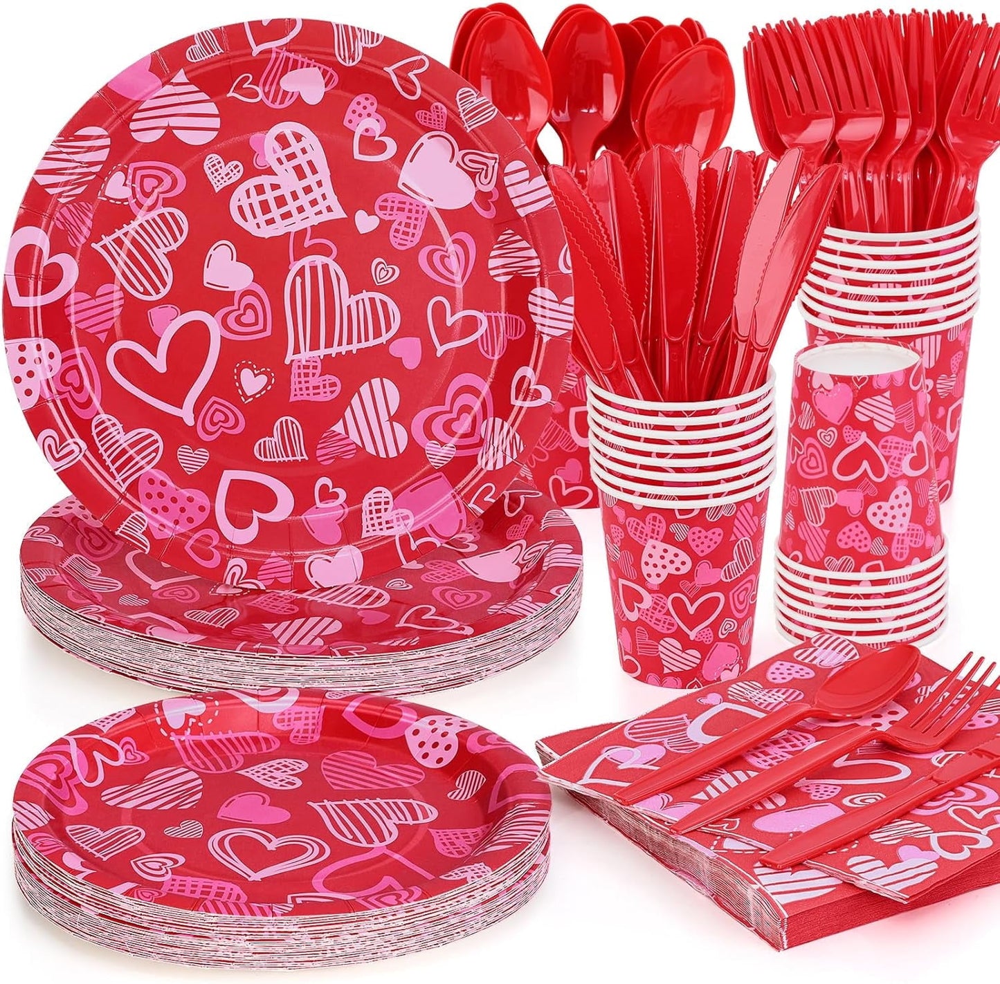 Caltero 168 PCS Valentine Day Paper Plates and Napkins,Heart Disposable Plates and Napkins for Valentine Day Holiday Party Supplies, Includes Plates Napkins Cups Knife Fork Spoon