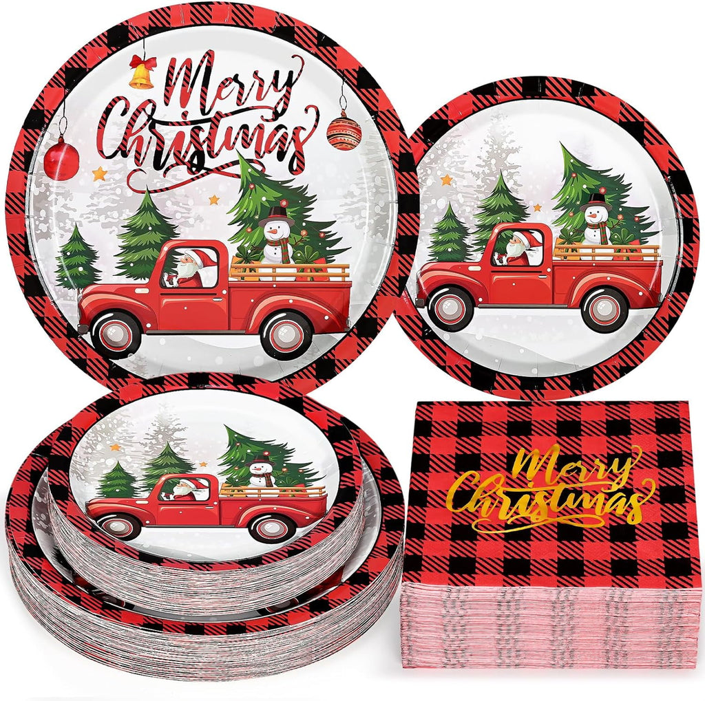 Caltero 200 PCS Christmas Plates and Napkins Serves 50 Guests, Cartoon Red Truck Christmas Tree Disposable Dinnerware Set for Winter Holiday Christmas Party Supplies