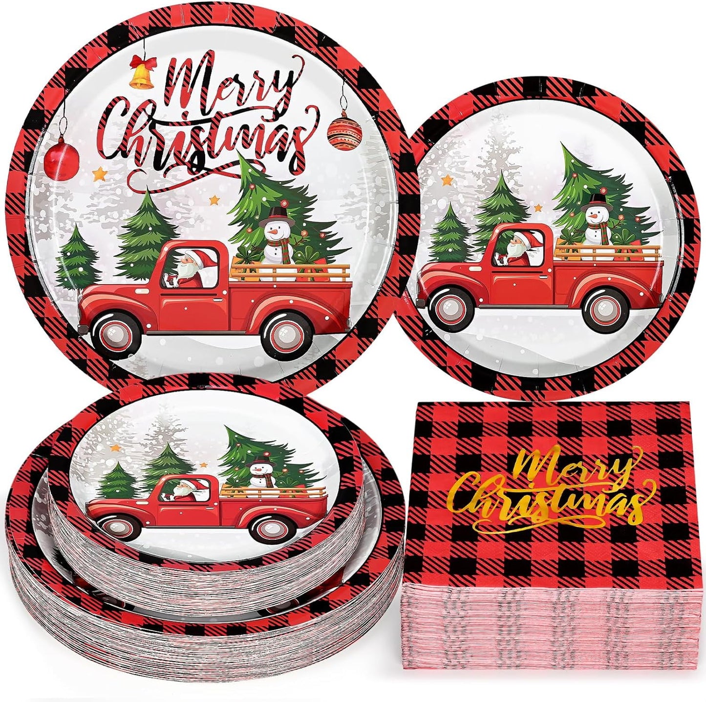 Caltero 200 PCS Christmas Plates and Napkins Serves 50 Guests, Cartoon Red Truck Christmas Tree Disposable Dinnerware Set for Winter Holiday Christmas Party Supplies