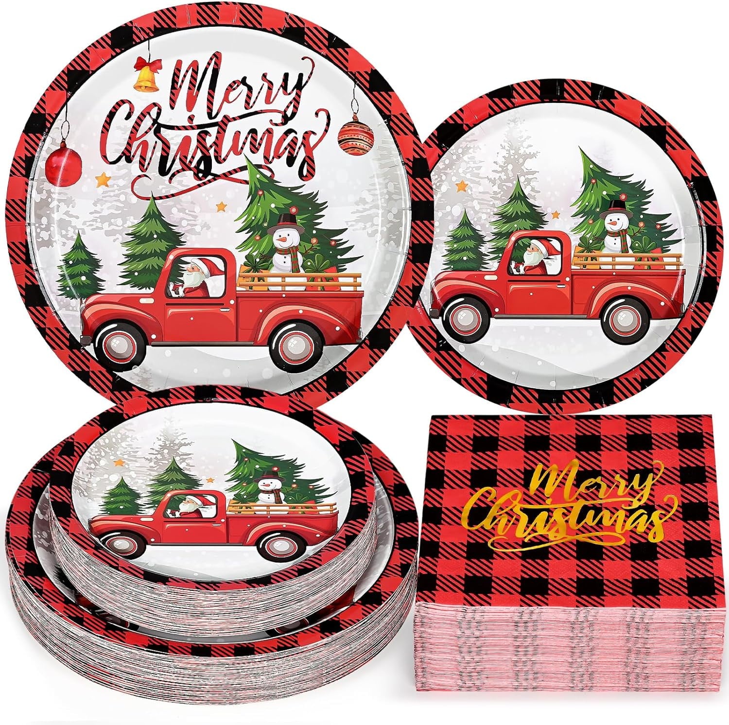 Caltero 200 PCS Christmas Plates and Napkins Serves 50 Guests, Cartoon Red Truck Christmas Tree Disposable Dinnerware Set for Winter Holiday Christmas Party Supplies