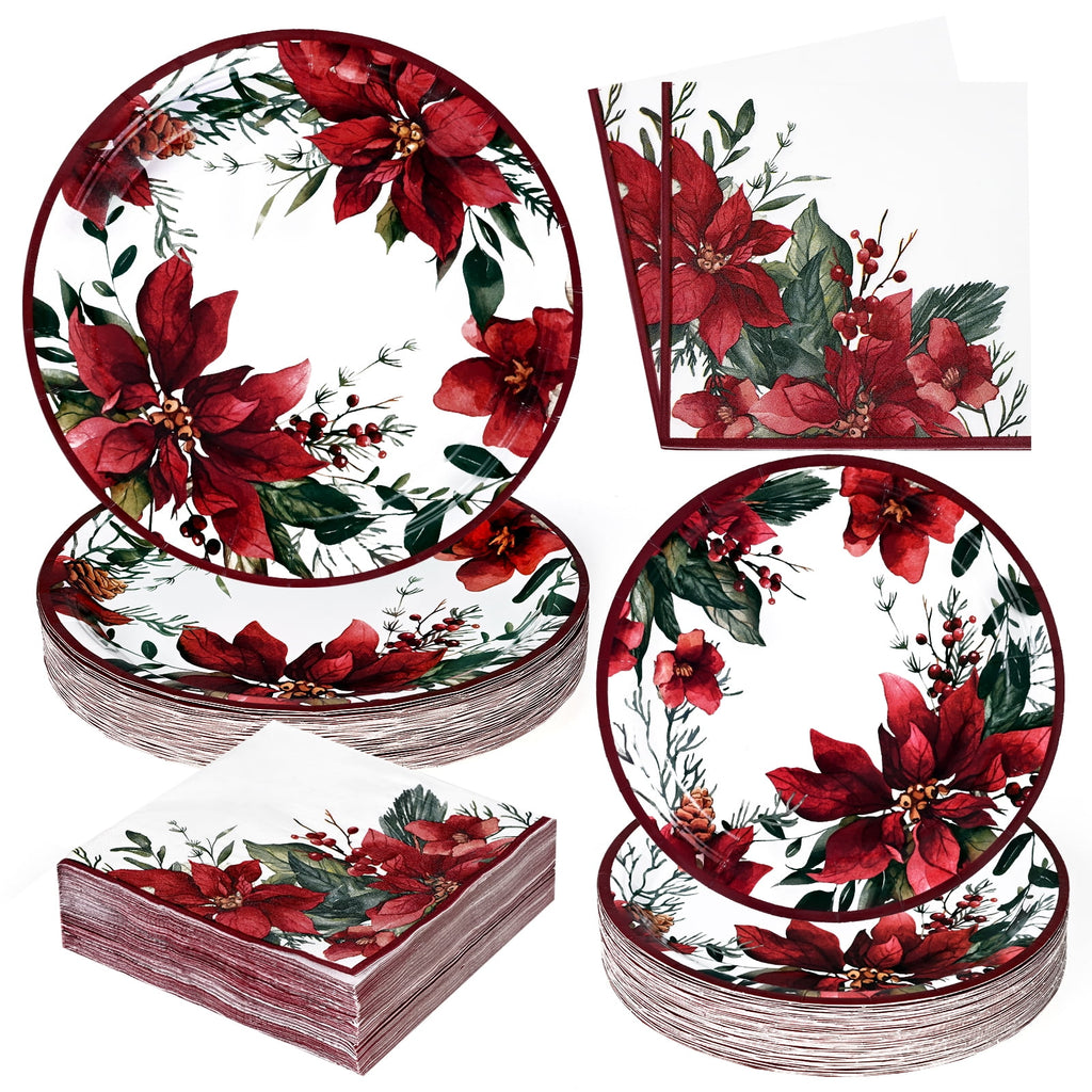 Caltero Christmas Paper Plates and Napkins Serves 50 Guests Poinsettia Themed Christmas Party Supplies 200 PCS Red Disposable Dinnerware Set for Dinner Party