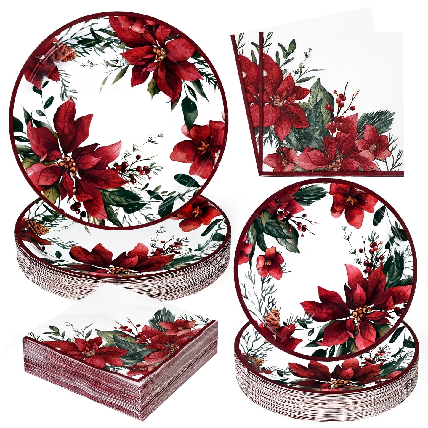 Caltero Christmas Paper Plates and Napkins Serves 50 Guests Poinsettia Themed Christmas Party Supplies 200 PCS Red Disposable Dinnerware Set for Dinner Party