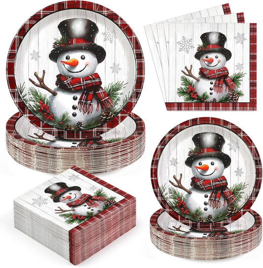 DAZLUTE 200 PCS Xmas Christmas Paper Plates and Napkins Serves 50 Guests, Christmas Snowman Disposable Dinnerware Set for Christmas Party Supplies