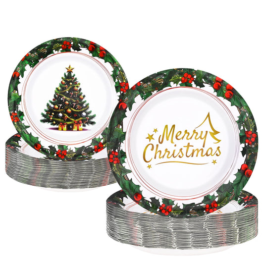 DAZLUTE 100 PCS Christmas Disposable Paper Plates, Berry Christmas Trees Merry Christmas Dessert Plate for Winter Xmas Decoration Party Supplies