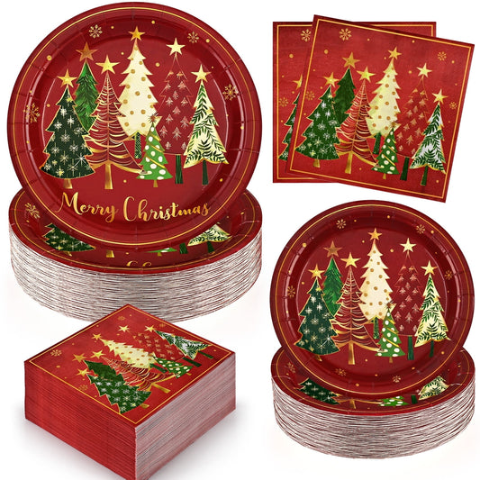 DAZLUTE 200 PCS Christmas Paper Plates and Napkins, Red Christmas Decoration Trees Disposable Dinnerware Set for Christmas Party