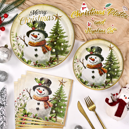 DAZLUTE 200 PCS Christmas Paper Plates and Napkins Merry Christmas Themed Christmas Party Supplies Golden Snowman Disposable Dinnerware Set for Dinner Party