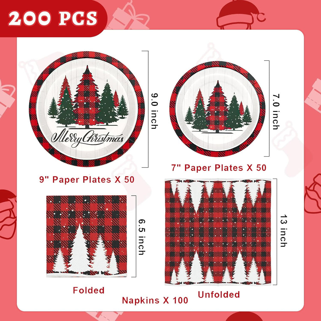 Caltero 200 PCS Christmas Plates and Napkins Serves 50 Guests, Disposable Paper Plates and Napkins for Winter Christmas Holiday Party