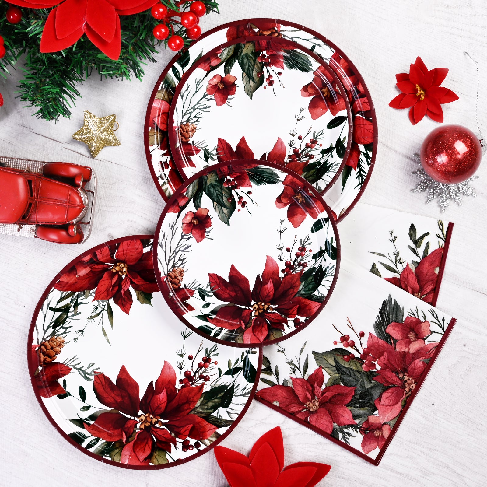 Caltero Christmas Paper Plates and Napkins Serves 50 Guests Poinsettia Themed Christmas Party Supplies 200 PCS Red Disposable Dinnerware Set for Dinner Party