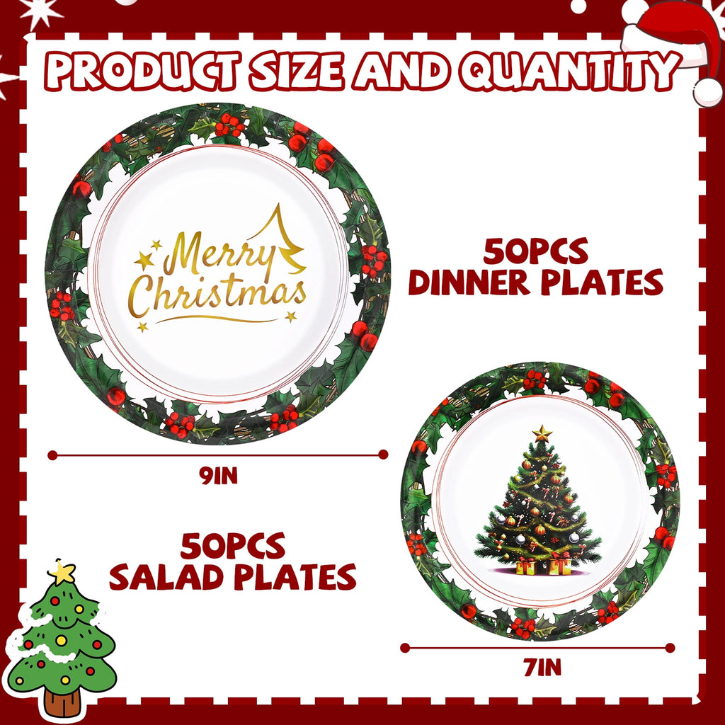DAZLUTE 100 PCS Christmas Disposable Paper Plates, Berry Christmas Trees Merry Christmas Dessert Plate for Winter Xmas Decoration Party Supplies