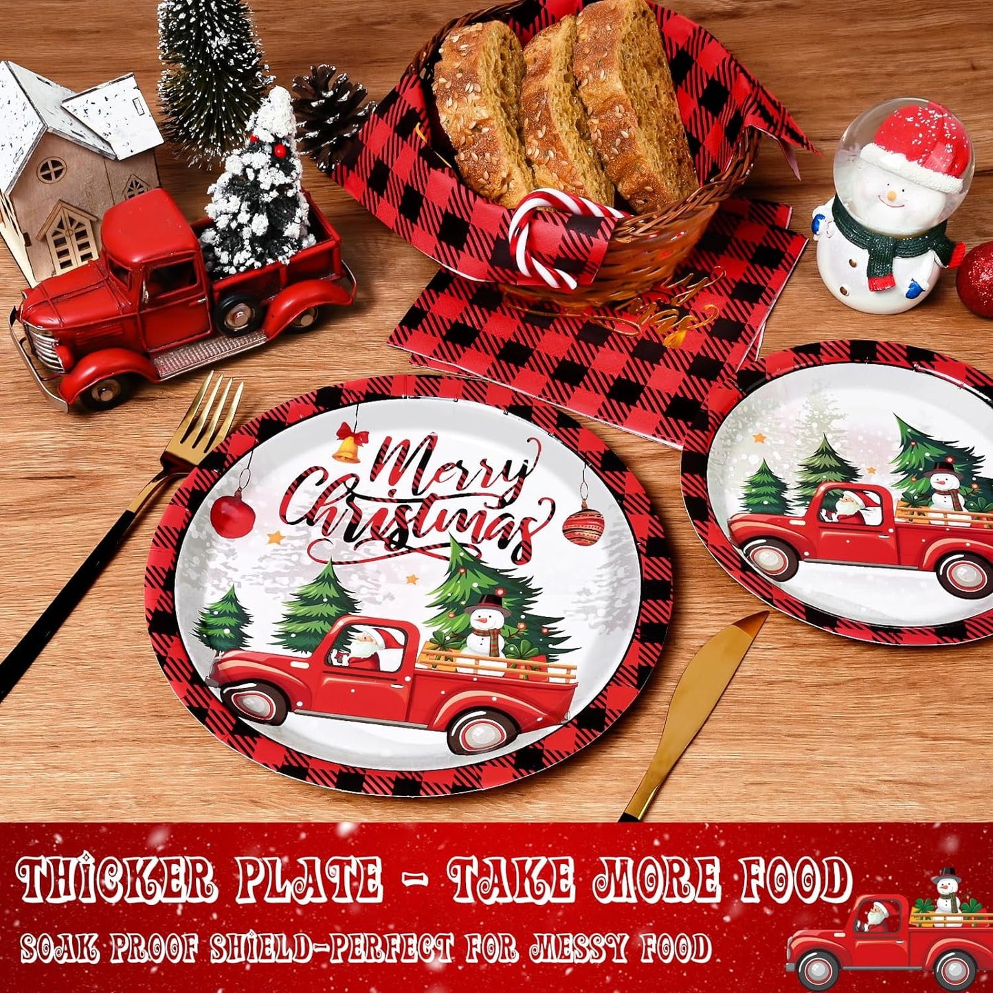 Caltero 200 PCS Christmas Plates and Napkins Serves 50 Guests, Cartoon Red Truck Christmas Tree Disposable Dinnerware Set for Winter Holiday Christmas Party Supplies