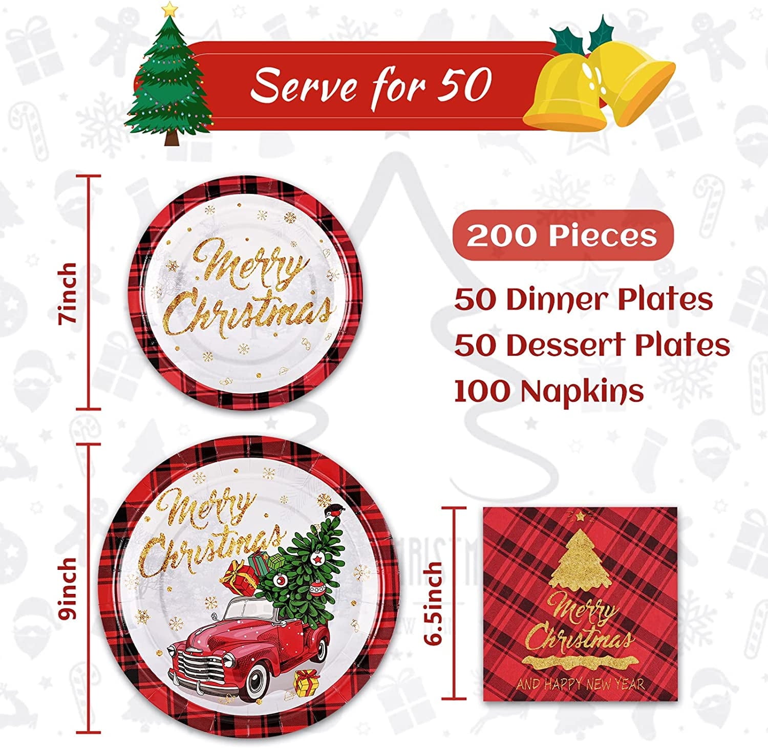 Caltero 200 PCS Christmas Plates and Napkins Christmas Tree Holiday Paper Plates Party Supplies Disposable Dinnerware Set Serves 50 Guests