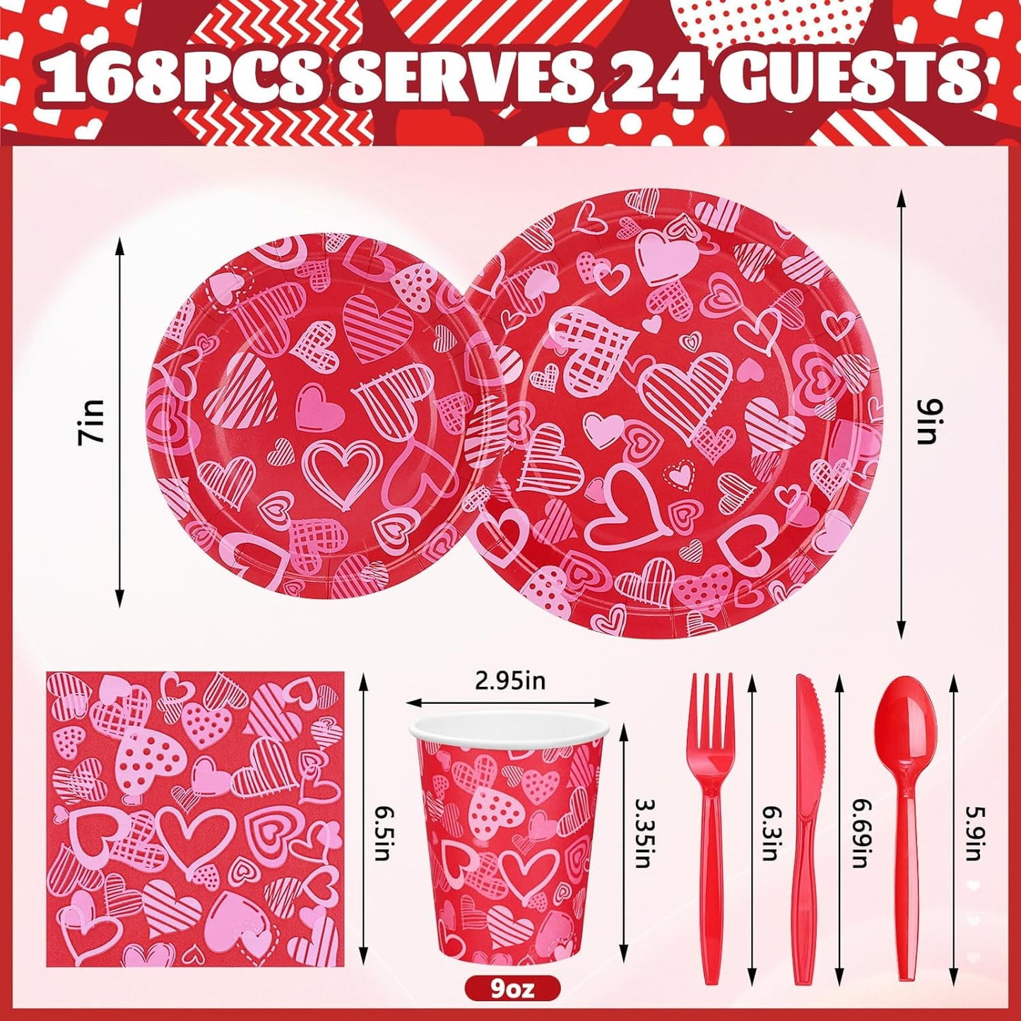 Caltero 168 PCS Valentine Day Paper Plates and Napkins,Heart Disposable Plates and Napkins for Valentine Day Holiday Party Supplies, Includes Plates Napkins Cups Knife Fork Spoon