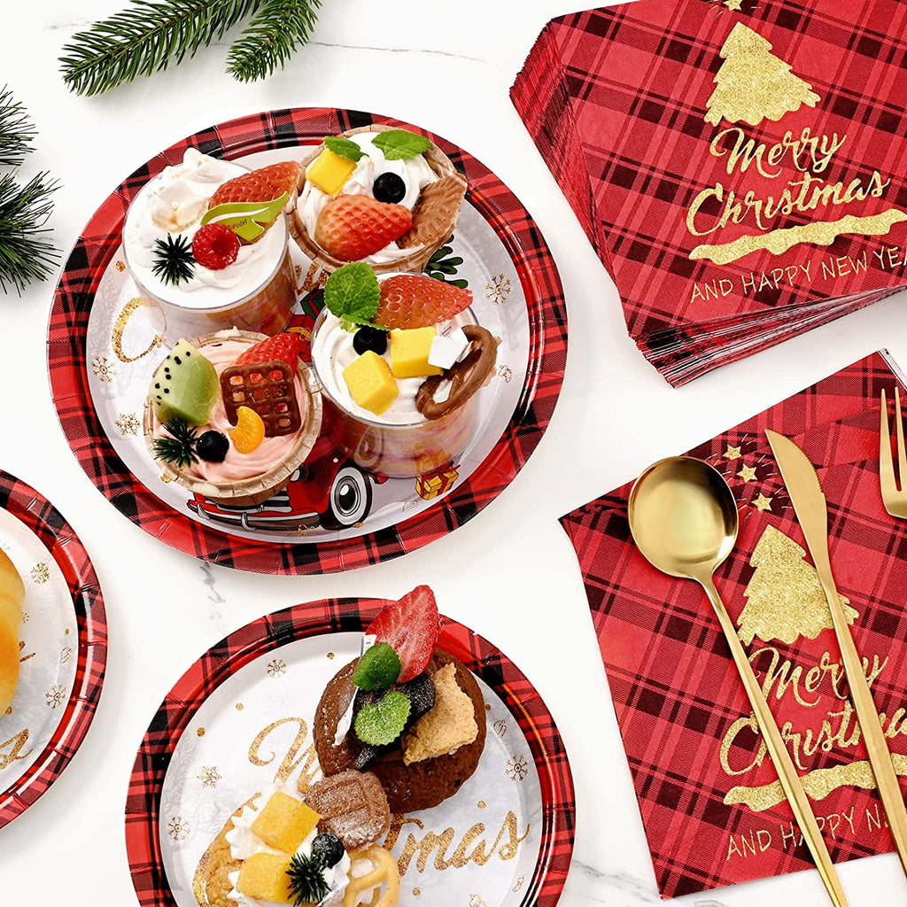 Caltero 200 PCS Christmas Plates and Napkins Christmas Tree Holiday Paper Plates Party Supplies Disposable Dinnerware Set Serves 50 Guests