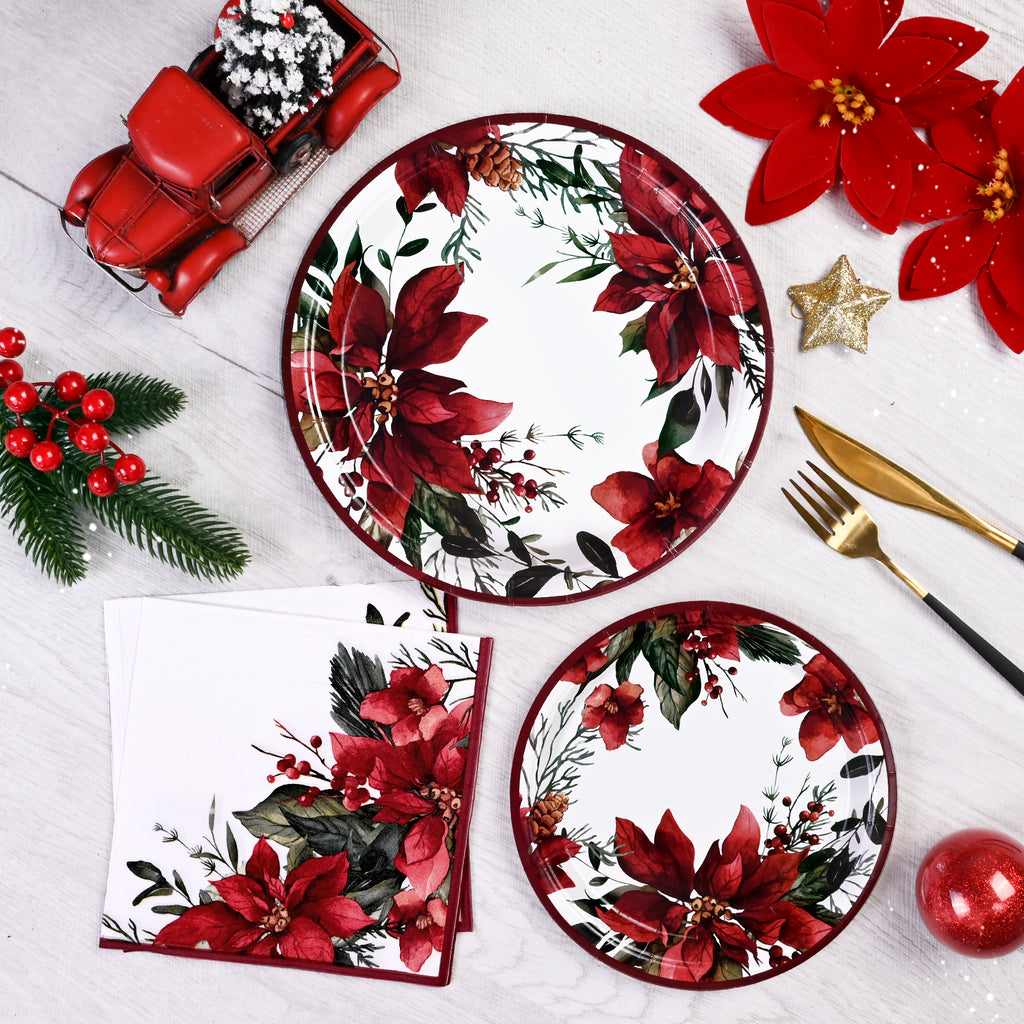 Caltero Christmas Paper Plates and Napkins Serves 50 Guests Poinsettia Themed Christmas Party Supplies 200 PCS Red Disposable Dinnerware Set for Dinner Party