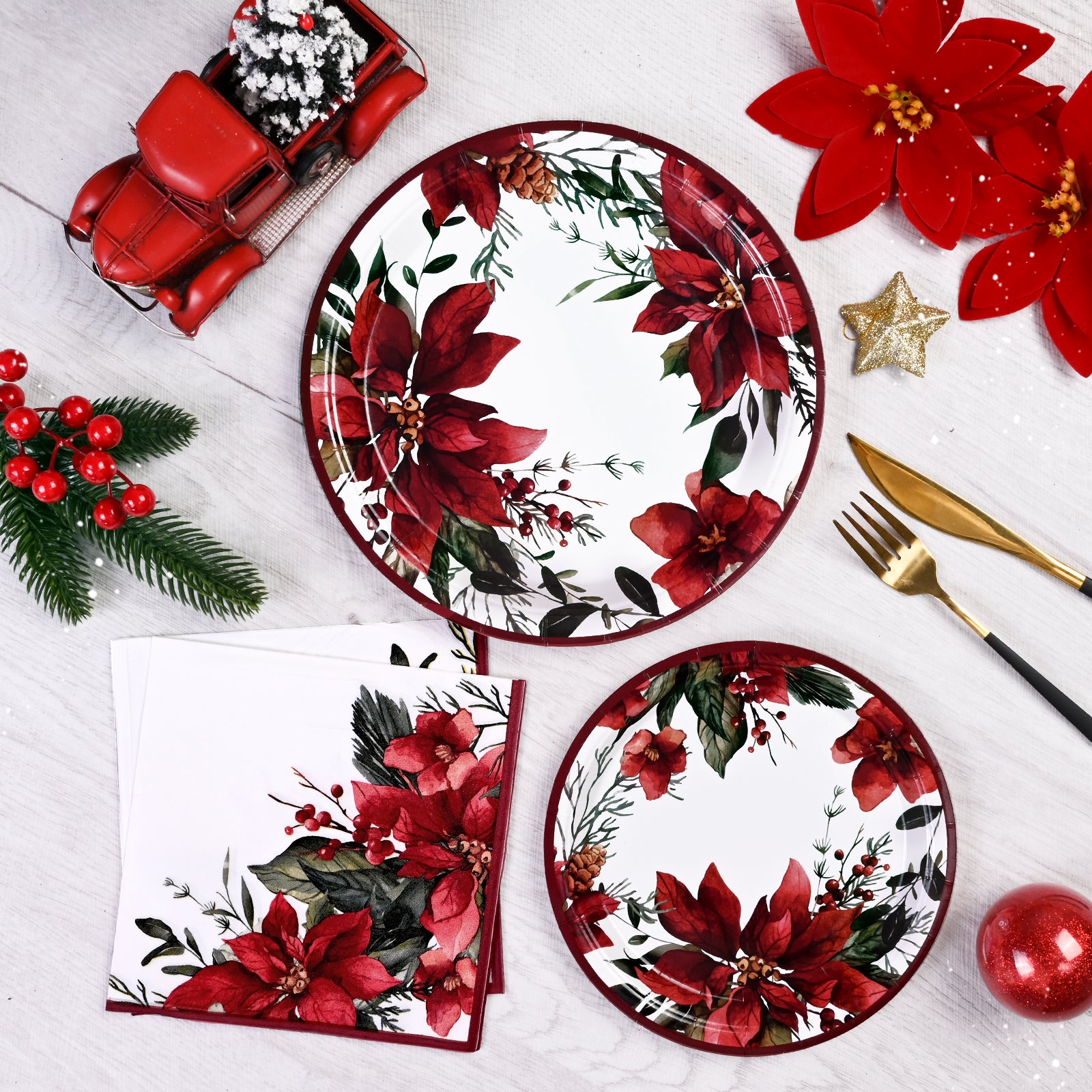 Caltero Christmas Paper Plates and Napkins Serves 50 Guests Poinsettia Themed Christmas Party Supplies 200 PCS Red Disposable Dinnerware Set for Dinner Party