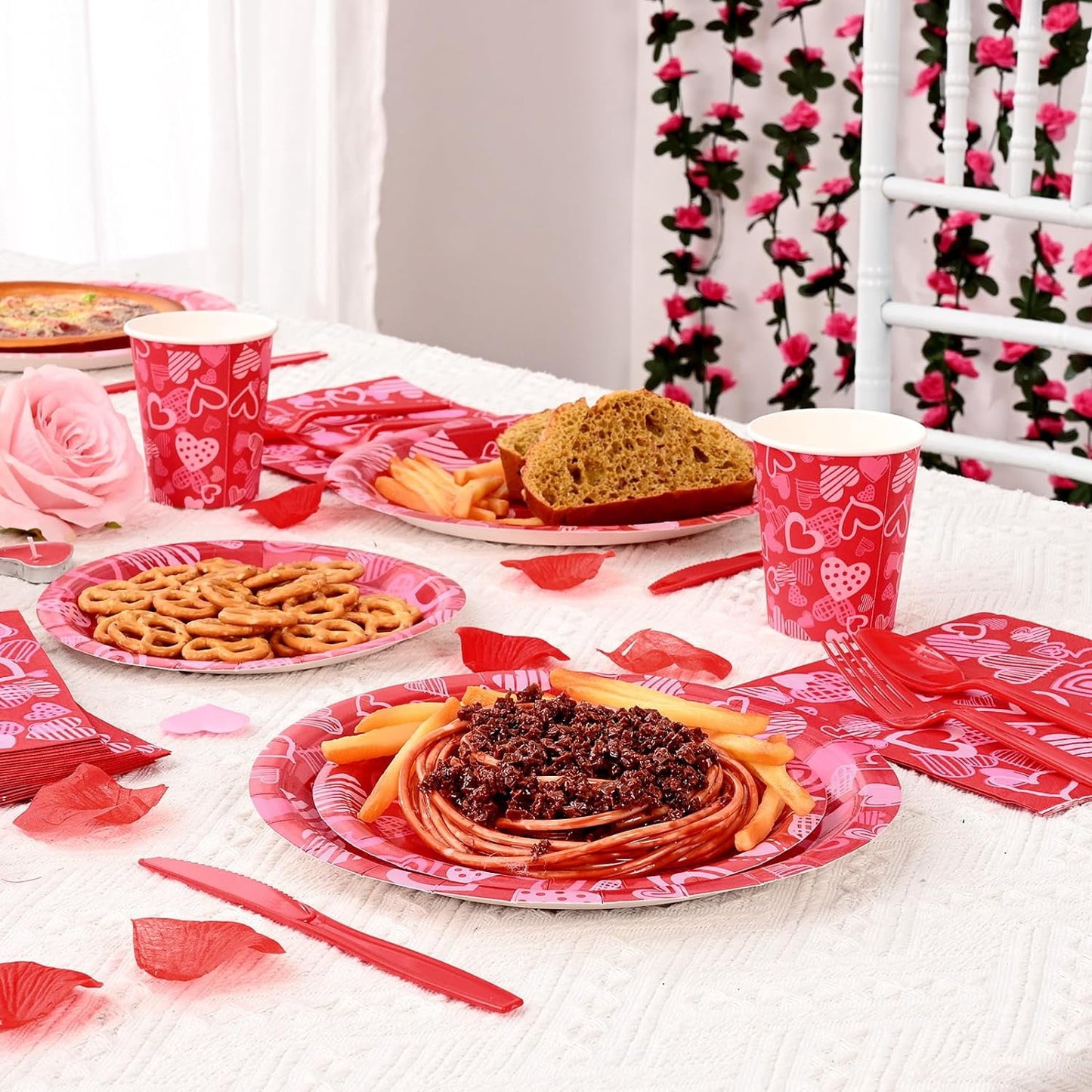 Caltero 168 PCS Valentine Day Paper Plates and Napkins,Heart Disposable Plates and Napkins for Valentine Day Holiday Party Supplies, Includes Plates Napkins Cups Knife Fork Spoon
